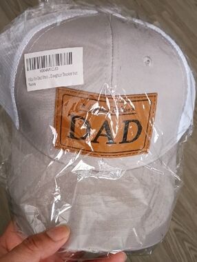 Beige Trucker Hat with 'DAD' Leather Patch